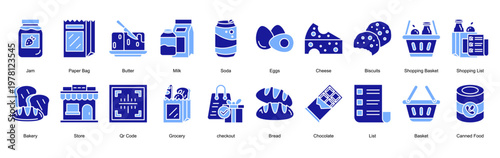 Bakery icon collection set. Containing Jam, Paper Bag, Butter, Milk, Soda, Eggs, Cheese, Biscuits icon