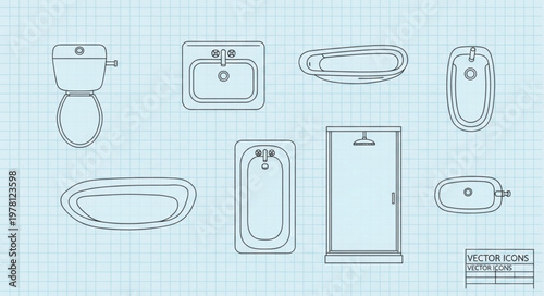 Collection of bathroom fixtures and accessories blueprint.