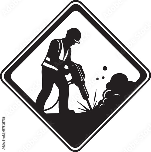 Construction worker, roadwork sign, drilling, excavation warning isolated on Transparent Background