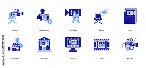 Movie and cinema icon collection set. Containing Producer, Casting Director, Film Festival, Director, Script icon