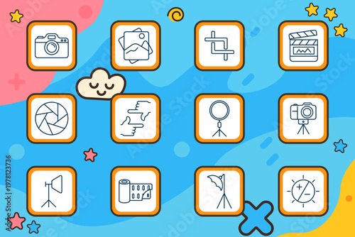 Photography equipment icon. Camera, photo stack, editing sliders, clapperboard, aperture shutter, hand framing, ring light, tripod camera, softbox light, film roll, umbrella light, brightness control.