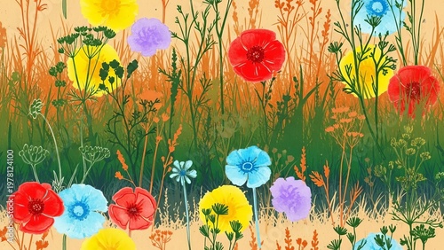Colorful wildflowers blooming across a vibrant meadow in a seamless pattern