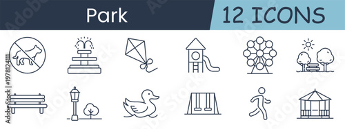 Park set icon. Collection with dog prohibition sign, fountain, kite, playground slide, ferris wheel, bench trees, wooden bench, street lamp, duck, swings, walking person, gazebo