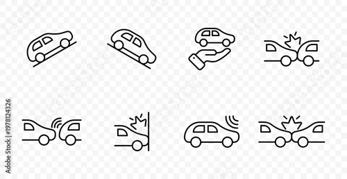 Car accident safety set icon. Vehicle slope, road incline, insurance support, collision impact, warning signal, crash barrier, emergency situation, traffic risk
