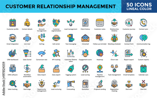 Customer Relationship Management icons set with customer profile, contact details, account management, customer segmentation, lead management, sales tracking icon. Simple lineal color vector 

