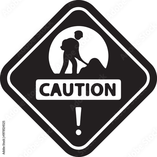 Caution roadwork sign, construction warning symbol, black and white traffic sign, road construction alert isolated on Transparent Background