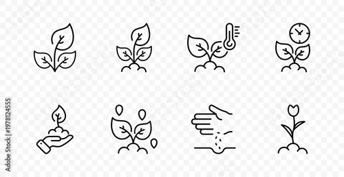 Plant growth care set icon. Leaf sprout, soil roots, temperature control, growth failure, hand planting, water drops, soil nutrition, flower bloom