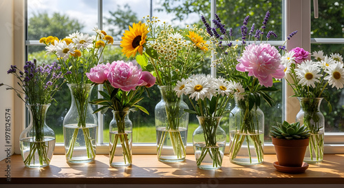 A collection of colorful spring flowers in transparent jars against a garden view