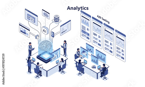 Isometric illustration of a team analyzing data and developing AI solutions.