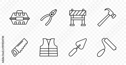 Construction tools set icon. Toolbox, pliers, barrier, hammer, saw, safety vest, trowel, paint roller, repair, building, renovation work
