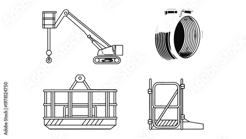 Aerial Equipment Designs: A detailed display of engineering designs showcases a diverse array of aerial equipment, highlighting the technical aspects, structure, and operational features. 