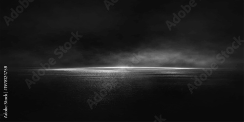 A dark storm cloudscape with bright lightning and a moon glowing through a texture of mist, smoke, and motion against the black night sky