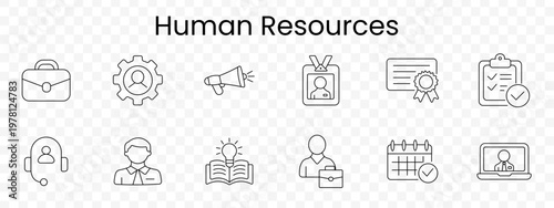Human resources set icon. Outline HR management symbols, briefcase, search gear, megaphone, ID badge, certificate, checklist, headset support, manager, training book, employee profile