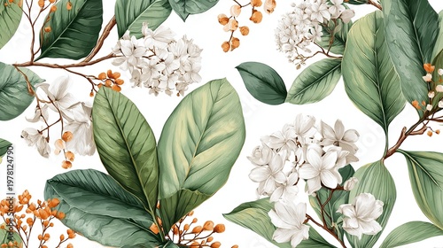 Seamless botanical floral pattern featuring green leaves and white blooms