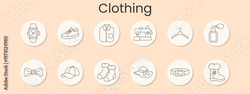 Clothing set icon. Watch, sneakers, shirt, sewing machine, hanger, perfume, bow tie, cap, socks, sunhat, belt, winter boots, fashion, accessory, wardrobe.