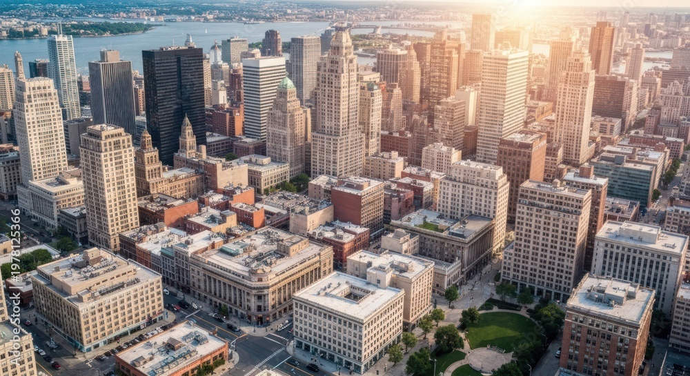 Obraz premium Aerial view of a city skyline with skyscrapers, buildings, water, and sunlit atmosphere
