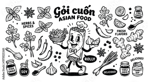 Vintage 1930s Retro Mascot Goi Cuon Vietnamese Spring Roll Illustration Set