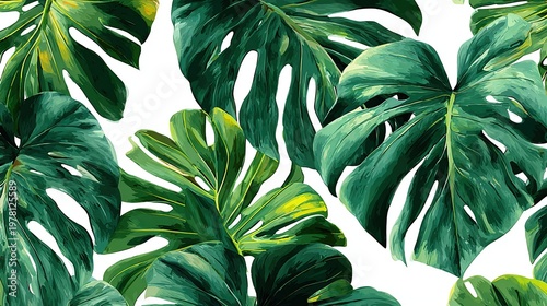 Tropical leaf pattern featuring lush green monstera leaves in a seamless design