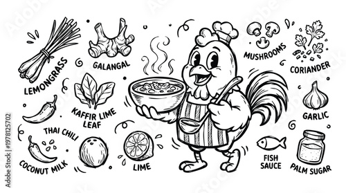 Vintage 1930s Retro Mascot Tom Kha Gai Thai Coconut Chicken Soup Illustration Set