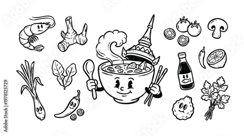 Vintage 1930s Retro Mascot Tom Yum Goong Thai Spicy Shrimp Soup Illustration Set