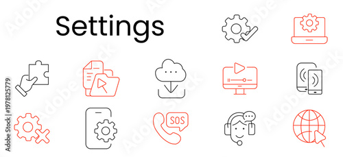Settings configuration set icon. Gear wheels, laptop with cog, puzzle piece, documents folder, cloud download, video player, smartphone devices, wrench cross, phone sos, support agent.