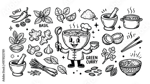 Vintage 1930s Retro Mascot Green Curry Thai Food Illustration Set