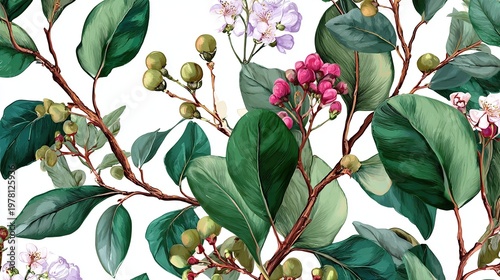 Lush botanical floral pattern featuring vibrant green leaves and flowers