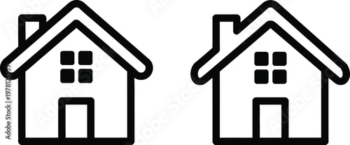 Two identical black house with square windows and a chimney on a white background two identical symmetrical housing