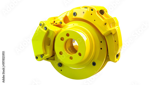 Yellow painted car disc brake assembly with caliper on dark background.