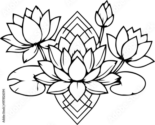 Elegant Gold Lotus Flower Fine Line Drawing Continuous One Line Art Motif