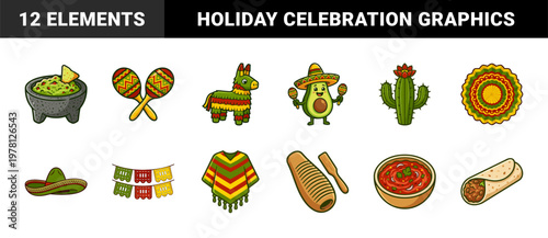 Cinco de Mayo Avocado Mascot and Fiesta Elements