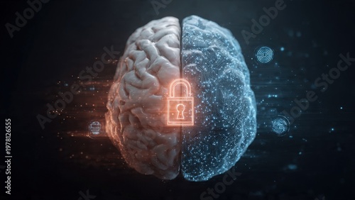 Split human brain with organic and digital halves secured by padlock half