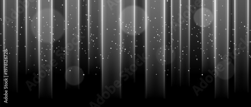 White vertical light curtain composition. Multiple glowing columns descending from top, scattered light dots, soft circular bokeh, dark backdrop, luminous haze atmosphere, abstract stage illumination.