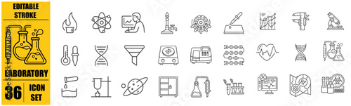 Laboratory icon set. Containing experiment, science, test tube, microscope, flask, chemical, biology, research, lab, technician and more. Editable line icons. Vector illustration