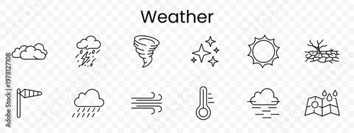 Weather set icon. Outline climate symbols, clouds, thunderstorm, tornado, sparkles, sun, cracked earth, windsock, rain cloud, wind lines, thermometer, fog, map rain.