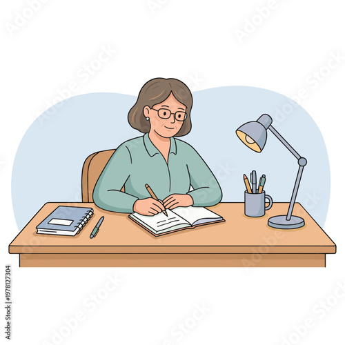Woman sitting at a desk writing in an office with a lamp