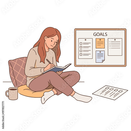 A woman sits comfortably on a bean bag chair, writing on a tablet next to a goals board and papers.