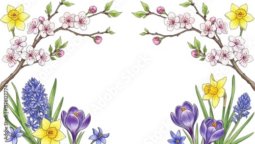 Vibrant watercolor spring blossoms and flowers create a beautiful botanical frame.