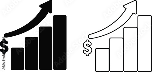 Growth Chart with Upward Arrow and Dollar Coin Icons, Solid and Outline Bar Graph Set for Finance, Revenue, Profit, ROI and Business Analytics, Vector Illustration for Success and Investment Concepts