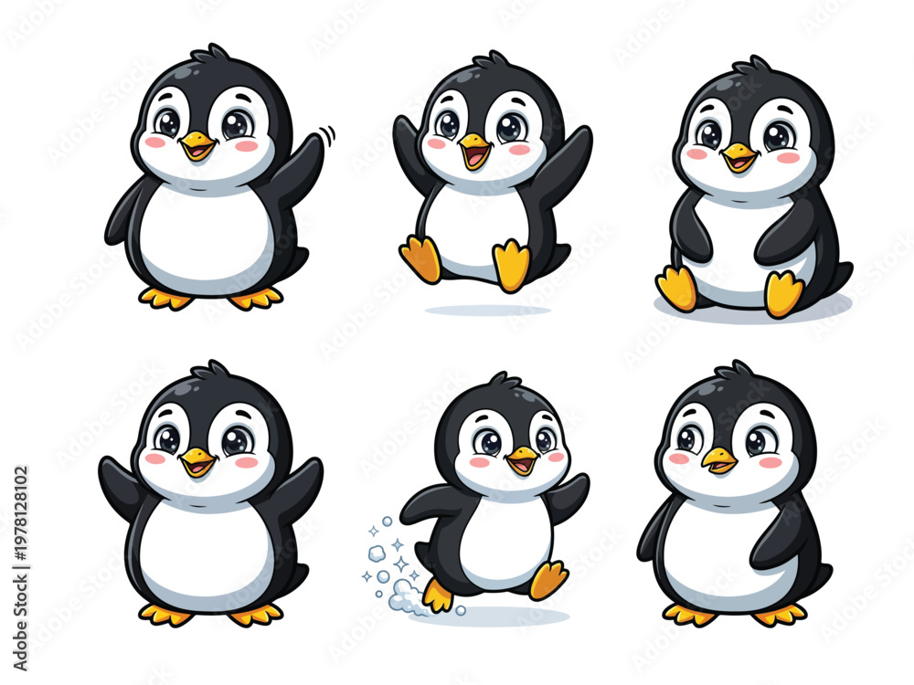 Fototapeta premium Cute Baby Penguin Cartoon Character Winter Animal Mascot Isolated White Background Vector Illustration