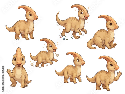 Cute Baby Parasaurolophus Crest Dinosaur Cartoon Character Natural Color Mascot Isolated White Background