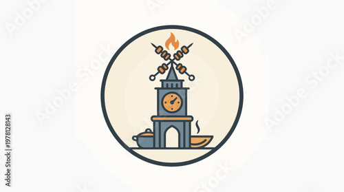 London-Themed Barbecue Logo with Clock Tower and Skewers