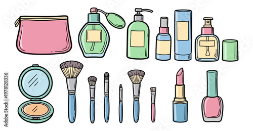Cosmetic products illustration with makeup brushes on black background