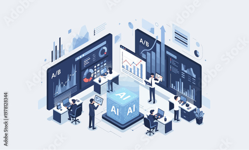 Isometric illustration of AI powered data analysis and business intelligence.
