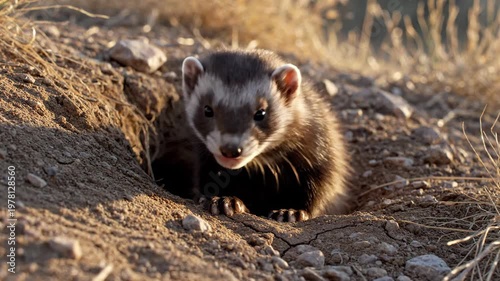 Black-Footed Ferret Peeking from Its Burrow Entrance
