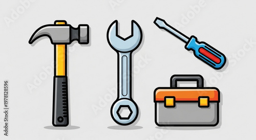 A set of colorful cartoon tools and a toolbox on a plain background