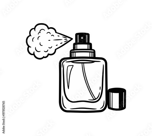 Perfume bottle spraying fragrance illustration on black background
