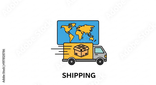 A vector graphic illustration of a truck shipping a box around the world