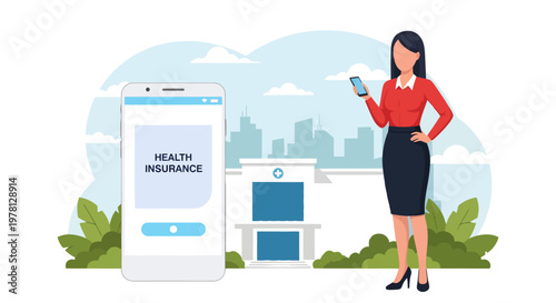 A professional woman holding a phone stands next to a giant smartphone displaying a health insurance application, set against a backdrop featuring a modern hospital building, foliage, and a cityscape
