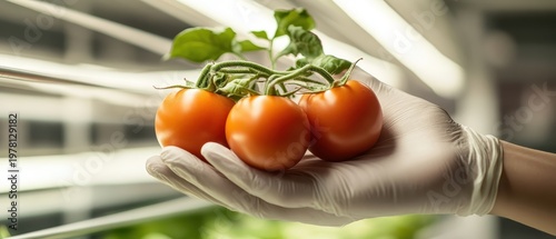 Gloved hand holds ripe tomatoes under laboratory lights, representing controlled plant growth and scientific agriculture.